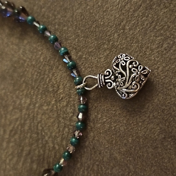 HANDMADE Malachite Swarovski Crystal Tulip Czech Glass Heart Pendant Necklace - Picture 3 of 5